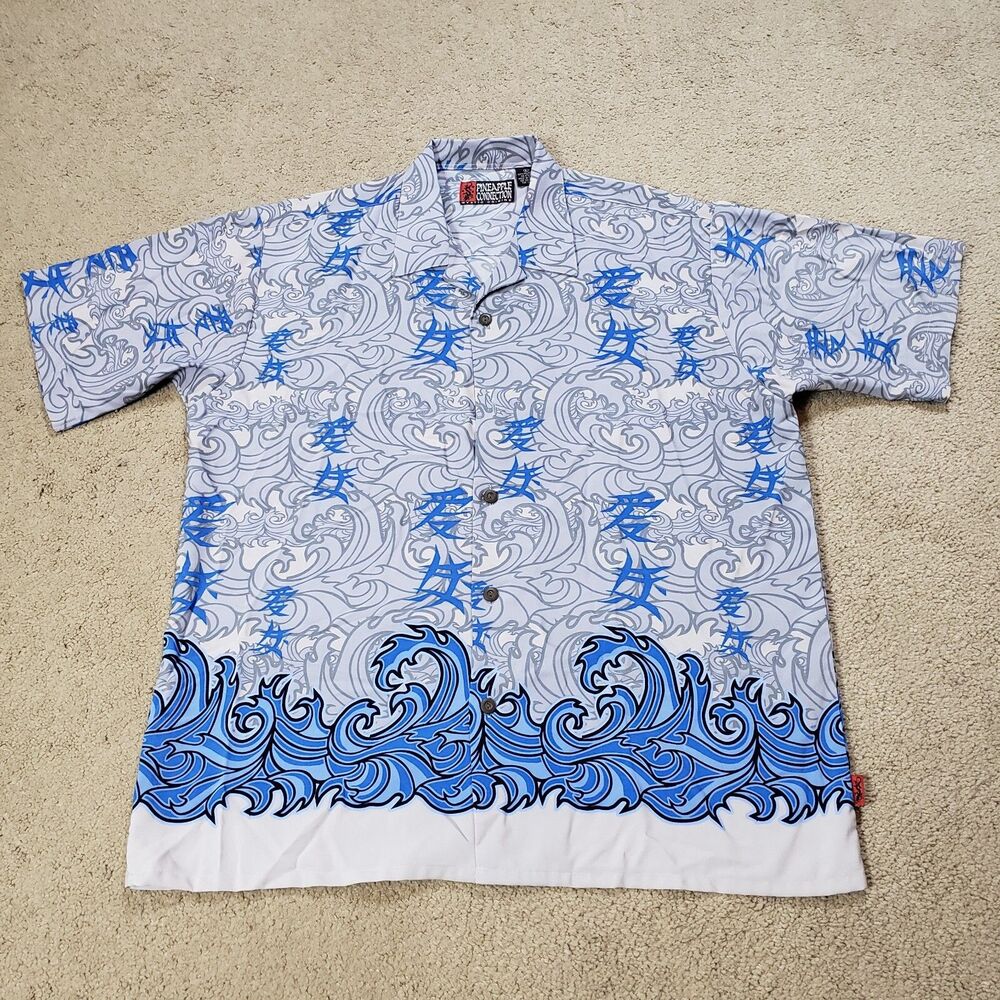 Vintage Y2K Pineapple Connection Shirt Men L Blue Japanese Kanji Waves Anime